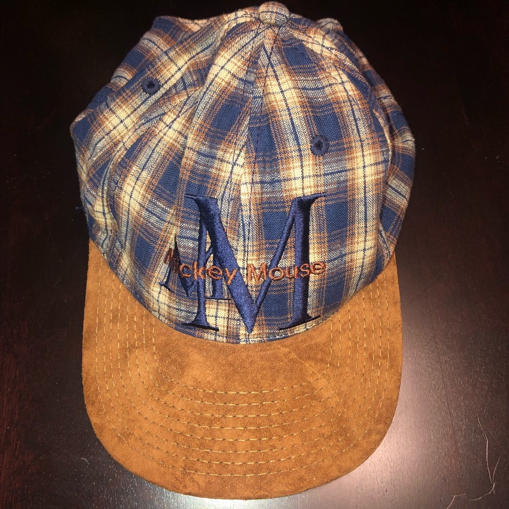 Vintage Mickey Mouse Plaid Hat With Leather Brim